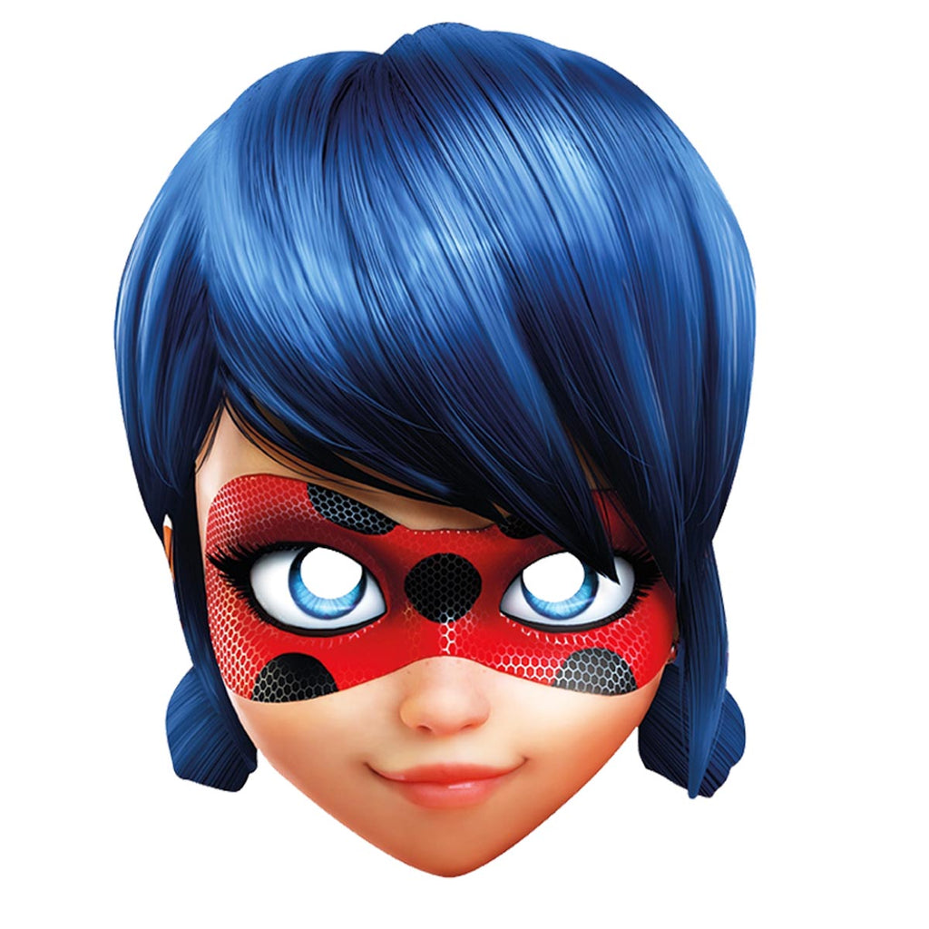 ein Mädchen Kopf mit blauen Haaren und einer roten Maske mit schwarzen Punkten