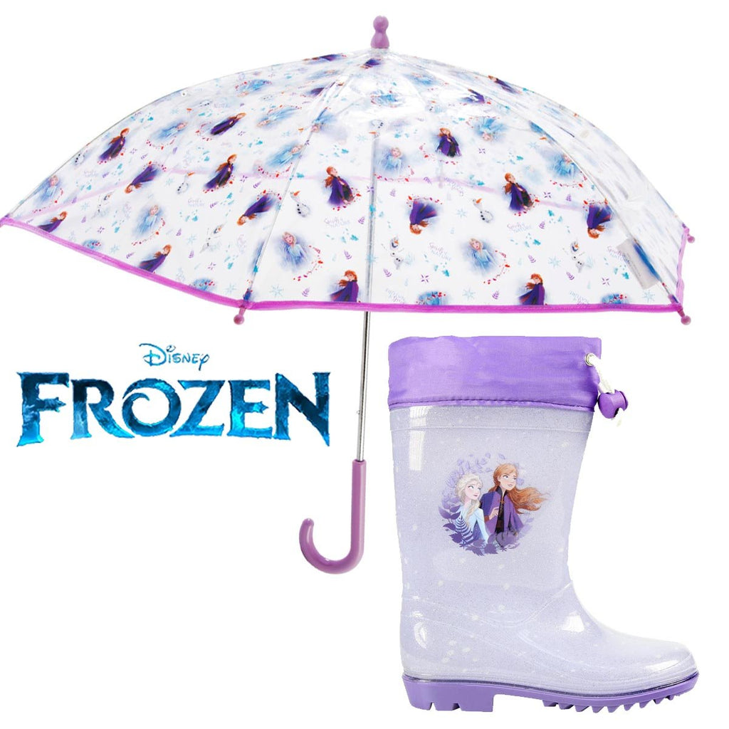 Elsa Gummistiefel und Regenschirm aus Frozen II lila Glitzer durchsichtig