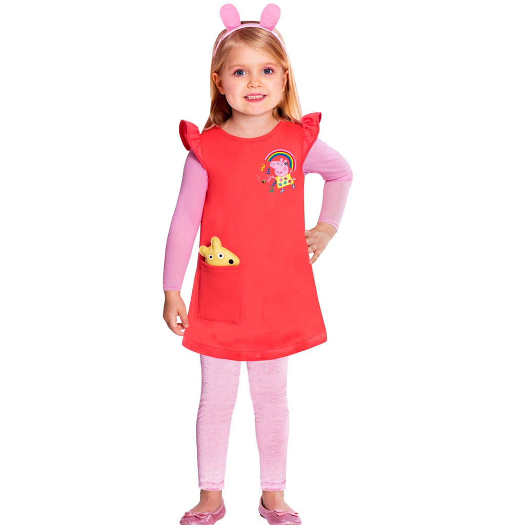 rotes Kleid für Kinder mit schweinchen auf der linken Brust
